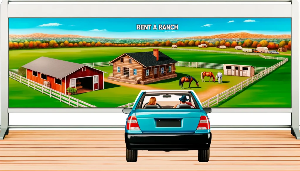 Rent a Ranch - A vivid and detailed wide illustration depicting the concept of 'Rent a Ranch'. The scene shows a picturesque ranch available for rent, featuring a co (2)