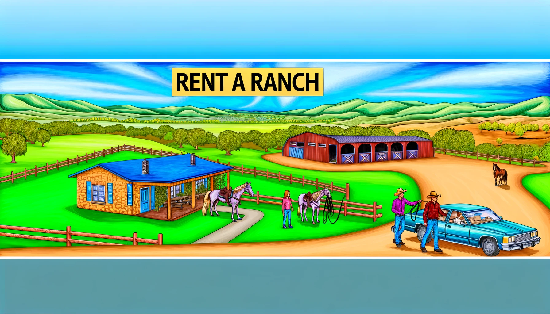 Rent a Ranch - A vivid and detailed wide illustration depicting the concept of 'Rent a Ranch'. The scene shows a picturesque ranch available for rent, featuring a co (2)